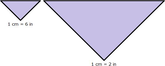 77. Scale Drawings Above are two different models of the same triangular handkerchief. If the area of the model on the right is 72 sq cm, what is the area of the model on the left?