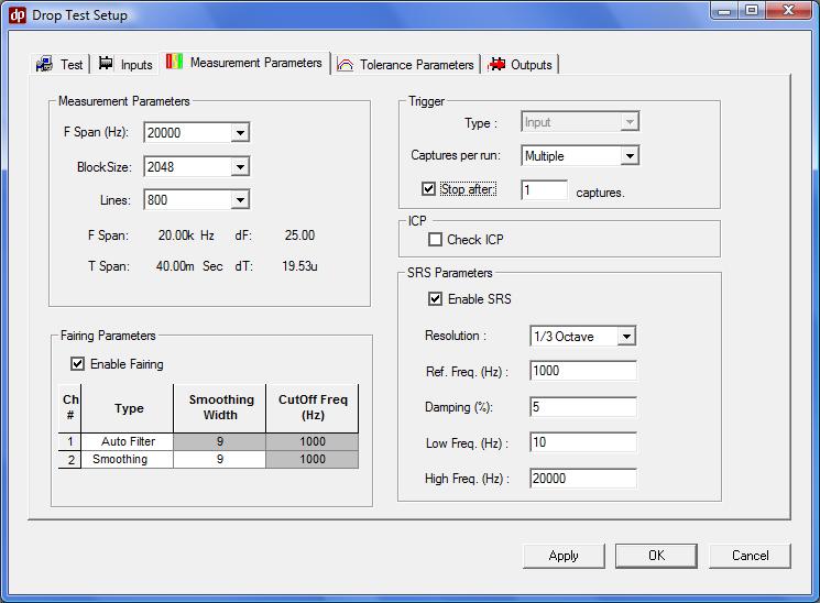 The Measurement Parameters tab has several important set up areas: Measurement Parameters Select the analysis FSpan (Hz), Blocksize (number of samples per captured block of data) or Lines of