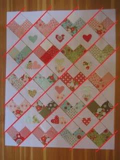 Sew the blocks/half square triangles together in diagonal rows, as designated in red.