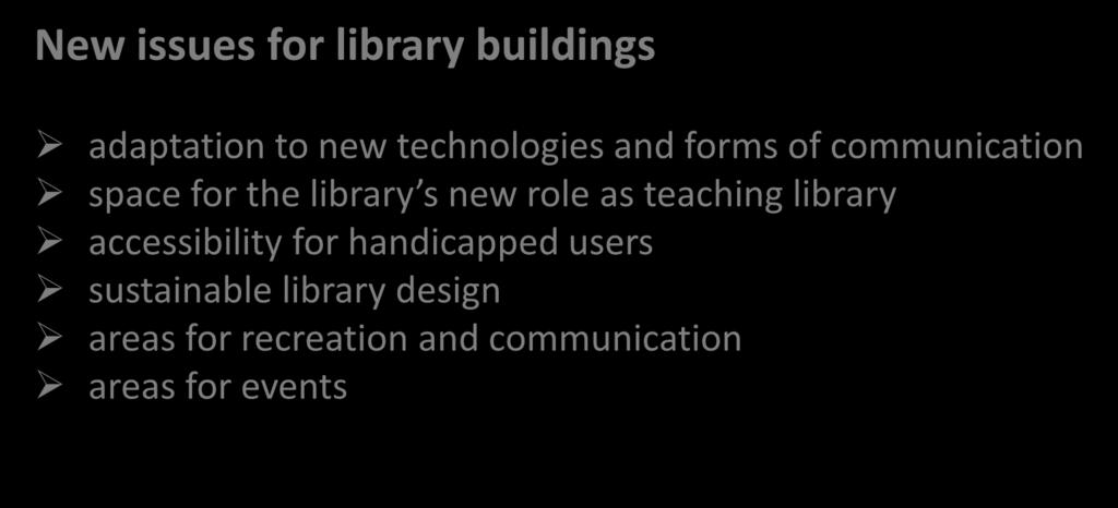 ISO/TR 11219: 2012 Qualitative conditions and basic statistics for library buildings Space, function and design New issues for library buildings adaptation to new technologies and forms of