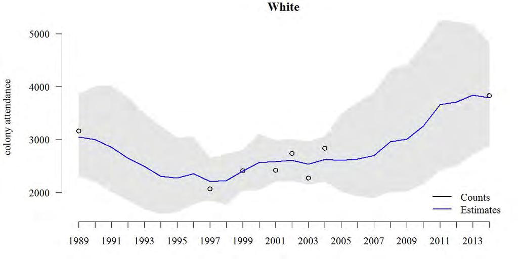 population growth. Figure 15. White Rock (Humboldt) Common Murre trend estimate and observed counts, 1989-2014.