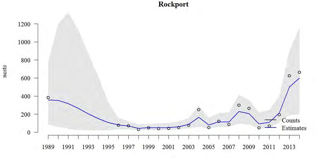Figure 30. Rockport Rock Brandt s Cormorant trend estimate and observed counts, 1989-2014. Open black circles are aerial counts of attendance.