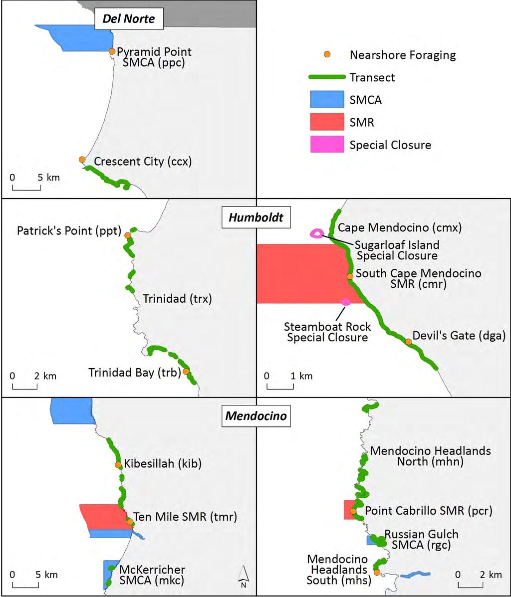 Figure 42. Map showing coastal seabird monitoring sites within the Del Norte (top), Humboldt (middle), and Mendocino (bottom) areas of the North Coast Study Region (NCSR).
