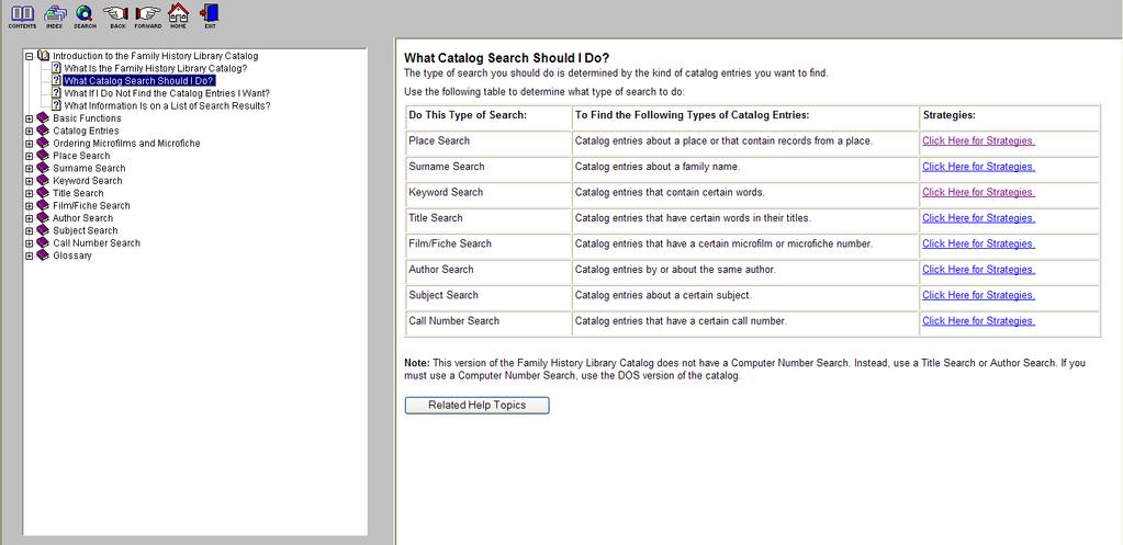 FHL Catalog Help Screen: Contents Option