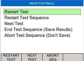 Restart Test will continue the test sequence from where it was interrupted. Restart Test Sequence will start the sequence from the beginning.