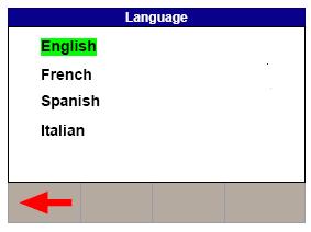 push to select the language. Press the back button (F1) to confirm or return to previous menu.