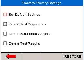 To restore factory default, select the factory restore option in the setup menu, see below; An overview of the memory usage is provided; Press NEXT to select which part of the