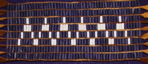 Mohawk Language Renewal Belt New Belt Beaded Length: 8.5 inches. Width: 3.5 inches. Total length with fringe: 28.5 inches. 50 columns by 8 rows. Total: 400 beads.