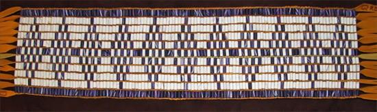 Seneca MA 22/4242 Belt Not given Beaded Length: 20.0 inches. Width: 5.0 inches. Total length with fringe: 40.0 inches. 111 columns by 11 rows.