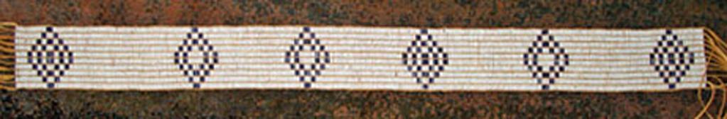 Six Nations Belt No given Beaded Length: 52.5 inches. Width: 4.75 inches. Total length with fringe: 72.5 inches. 296 columns by 10 rows. Total: 2,960 beads.
