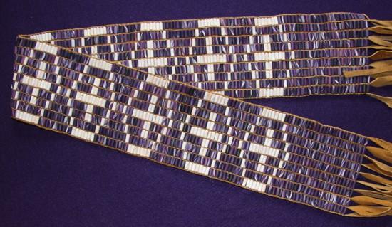 Six Nations Ten Cross Belt Jan. 16, 2015 Not given. Beaded Length: 36.0 inches. Width: 4.0 inches. Total length with fringe: 60.0 inches. 210 columns by 9 rows. Total: 1,890 beads.