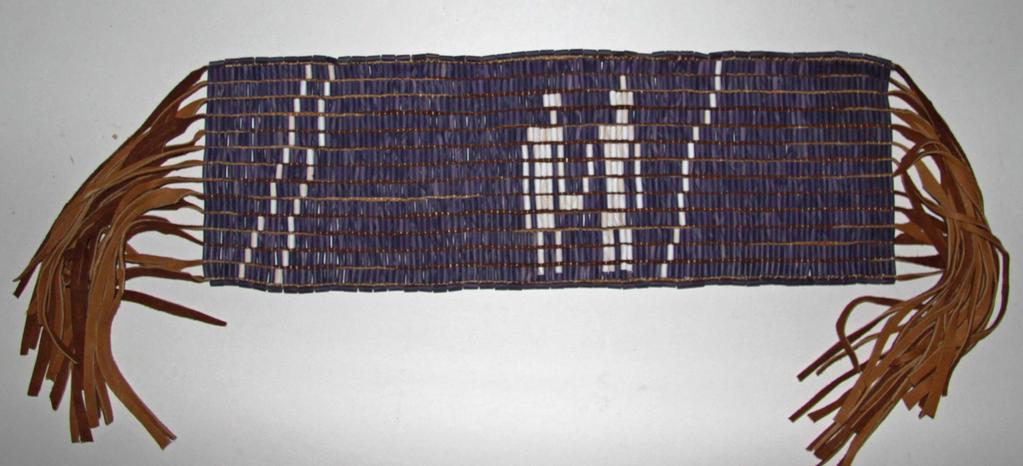 Delaware Penn Belt ROM Beaded Length: 17.3 inches. Width: 5.0 inches. Beaded Length: 19.0 inches. Width: 6.0 inches. Total length with fringe: 43.0 inches. 117 columns by 13 rows. Total: 1,745 beads.