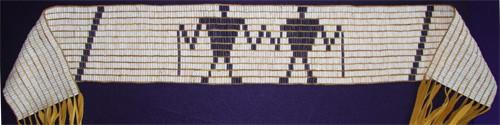 Delaware William Penn Belt Beaded Length: 30.0 inches. Width: 3.9 inches. Beaded Length: 42.5 inches. Width: 5.5 inches. Total length with fringe: 64.5 inches. 263 columns by 12 rows.