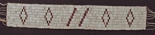 Douw-Ten Eyck Condolence Belt Beaded Length: unknown Beaded Length: 21.0 inches. Width: 3.75 inches. Total length with fringe: 29.0 inches. 126 columns by 9 rows.