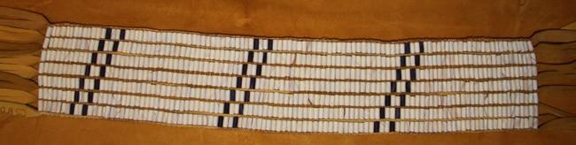 Fort Stanwix Treaty Belt 15.5 inches. Width: 2.0 inches Beaded Length: 18.3 inches. Width: 2.9 inches. Total length with fringe: 30.3 inches. 104 columns by 7 rows. Total: 728 beads.