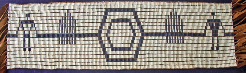 Ganondagan Official Wampum Belt Original Beaded Length: 43.5 inches. Width: 9.0 inches. Total length with fringe: 67.5 inches. 252 columns by 20 rows. Total: 5,040 beads.