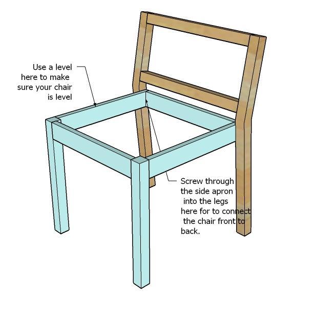Chair Frame Assembly. Using a level on the side apron, attach the front of the chair to the back, as shown above, using 2 screws and glue.