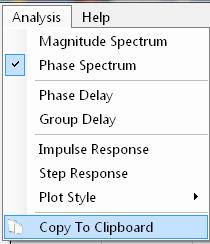 cursor you may swap between the Magnitude spectrum, phase spectrum, Group delay, phase delay, Impulse response or step response via the