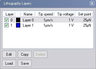THE LITHOGRAPHY PANEL Lithography Layers (Easy, Standard, Advanced) Layer list (Easy, Standard, Advanced) Lists all layers that are present in the objects shown in the Lithography Objects list.