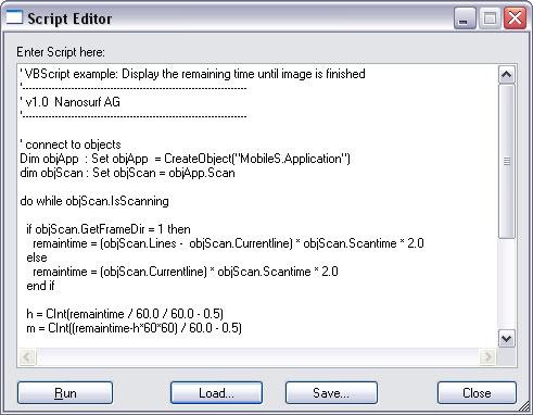 THE SCRIPT EDITOR Other entries All scripts in the Scripts directory (located in the easyscan 2 Software installation directory) are displayed alphabetically below the Run From File menu entry.