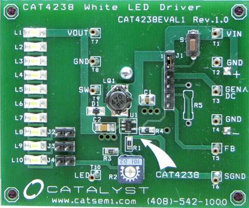 The board is powered from an external voltage applied to the V IN (T) pad. The circuit is delivered with no LEDs soldered on board.
