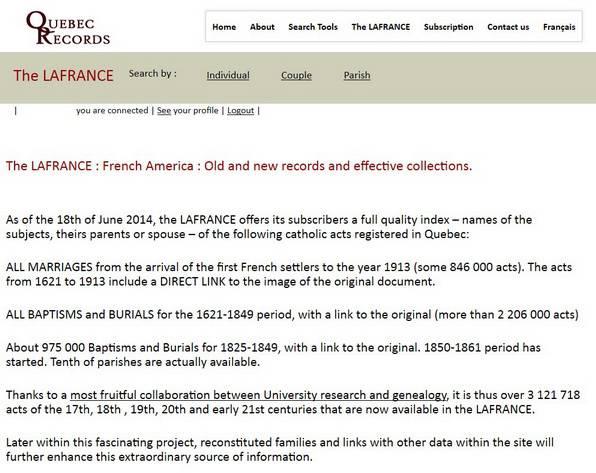 Using the LAFRANCE The LAFRANCE is the most detailed and exhaustive database you will have access to on Quebec Records.