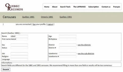 How to use the Censuses The censuses tool contains 3 databases; Québec 1881, Ontario 1881 and Québec 1901.