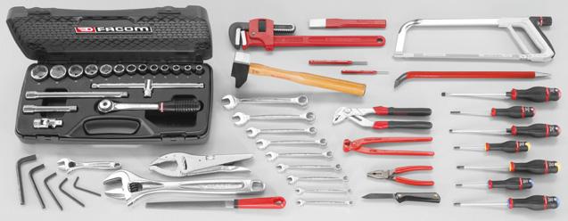 20G 1 Combination pliers 893.316 1 Tape measure 3 m 603E 1 Hacksaw frame 200H.42 1 Riveting hammer 42 mm 263.18 1 Chisel 374A.20 1 Double-action oil can 54-piece metric tool set CM.