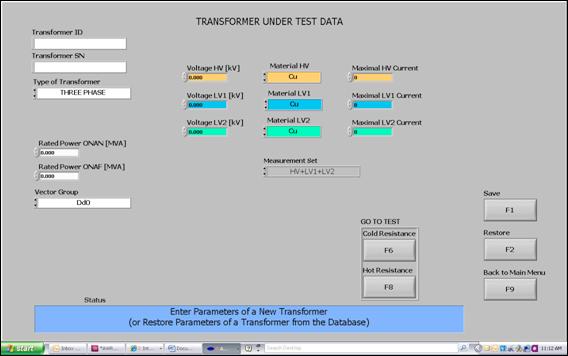stored to file. 3. Test object menu where data on the transformer can be entered or recalled. 6.