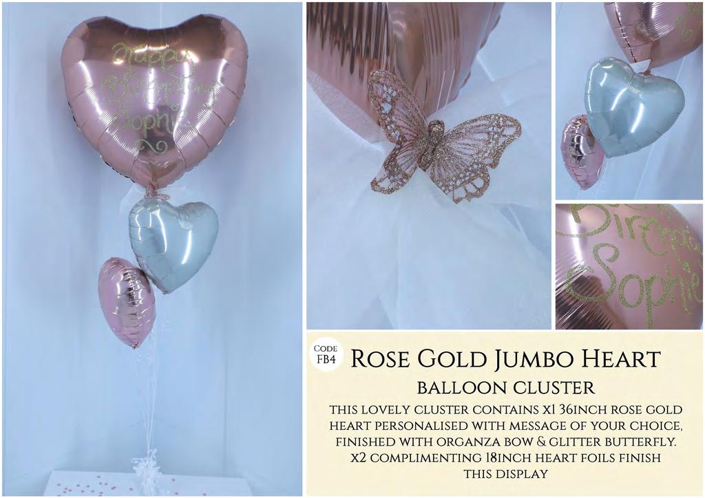 ,. CODE FB4 ROSE GOLD JUMBO HEART BALLOON CLUSTER THIS LOVELY CLUSTER CONTAINS Xl 36INCH ROSE GOLD HEART PERSONALISED WITH