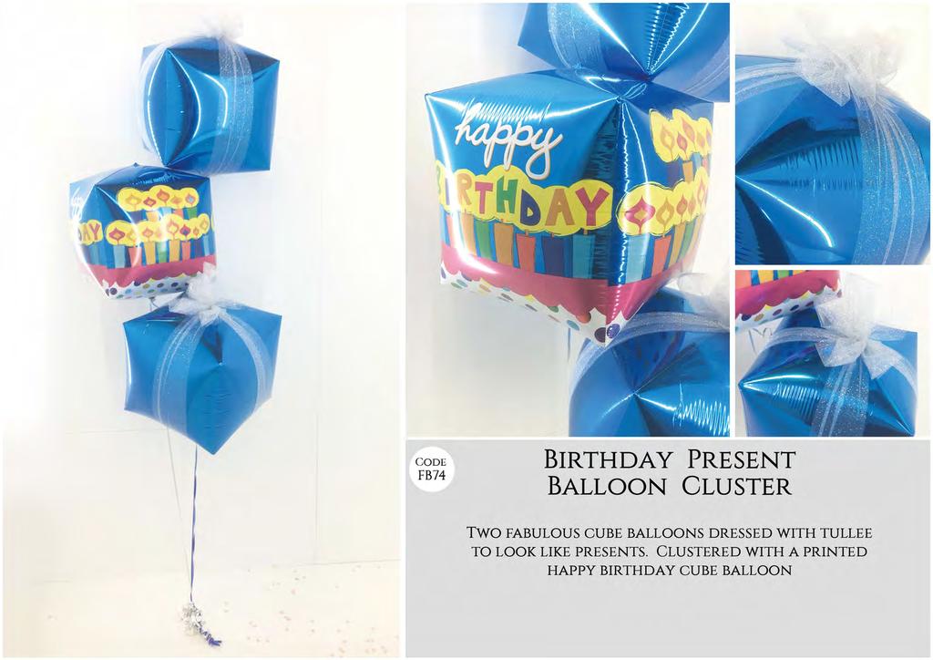 C ODE FB74 BIRTHDAY PRESENT BALLOON CLUSTER TWO FABULOUS CUBE BALLOONS DRESSED WITH