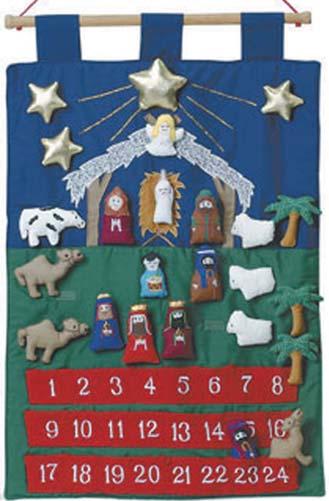 A soft sculpture Nativity scene depicts the birth of Jesus as the Star of Bethlehem guides you closer to this holy day. A Kubla Kids product. Calendar measures 16 x24. $39.
