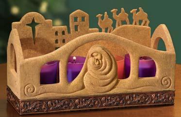 95 Candles Sold Separately Bethlehem Advent Candleholder AP45529 This beautiful Advent votive holder is crafted of resin with the look of real sandstone, and depicts a familiar Christmas scene.