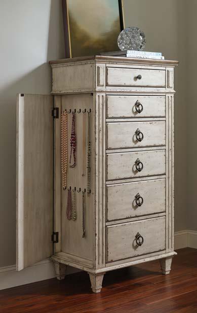 brown jewelry tray in top right drawer, adjustable levelers, top left drawer flips down and pulls out 513-420 Nightstand