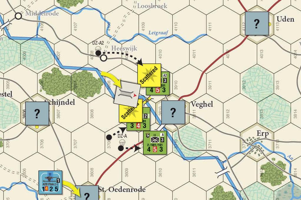 The rest of the 1st Airlanding Brigade spreads out to protect DZ Y for the follow-up landing on Turn 3 or 4. The Artillery is moved one hex south-west, while the Airborne Supply Head is not moved.