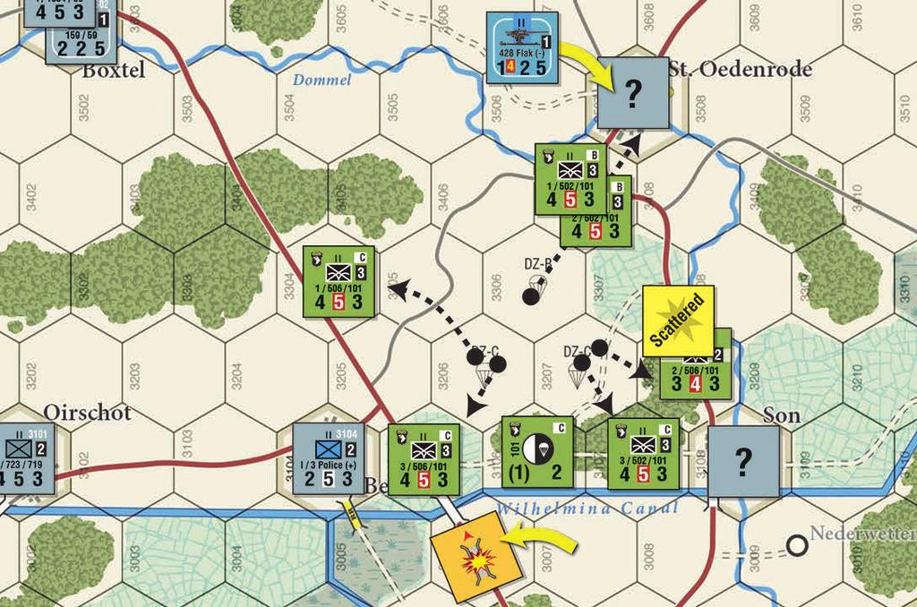 First up, the 3/504/82 battalion creates a Breakdown unit (1-1-3) and sends it to check out the bridges at Heumen and Malden. The German player rolls a 5 for the bridge at Heumen and destroys it.