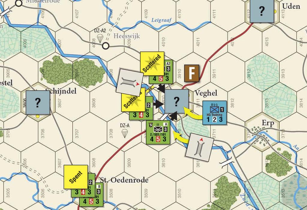 The Combat Phase I will use the abbreviations DD for Determined Defense, KG for Kampfgruppe, and RR for Railroad. 1st Airborne Sector D. A single battalion attacks the Unknown unit in Mook.