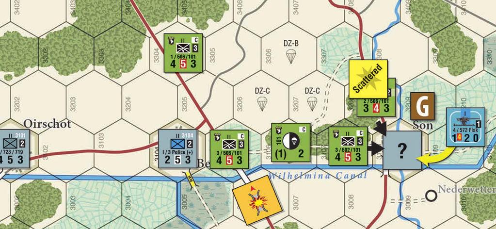 The German player retreats his unit across the RR bridge. The airborne unit advances into Mook and the Bridge Demolition Table is used on the bridge. The die roll is 6 = Blown. E.