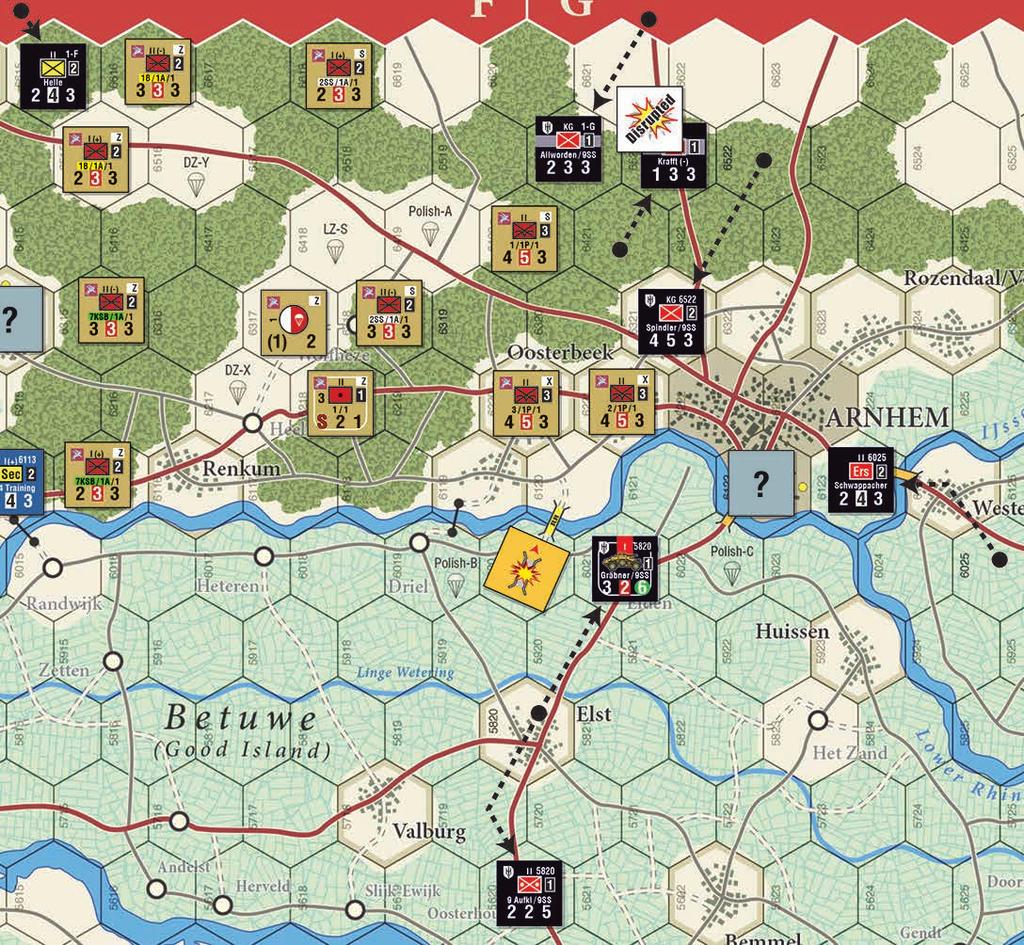 Final odds are 7-1. The die roll is 4 = DMR. The German unit retreats three hexes and is marked in Full Retreat. A DMR result allows for a Bonus Advance and Breakthrough Combat.