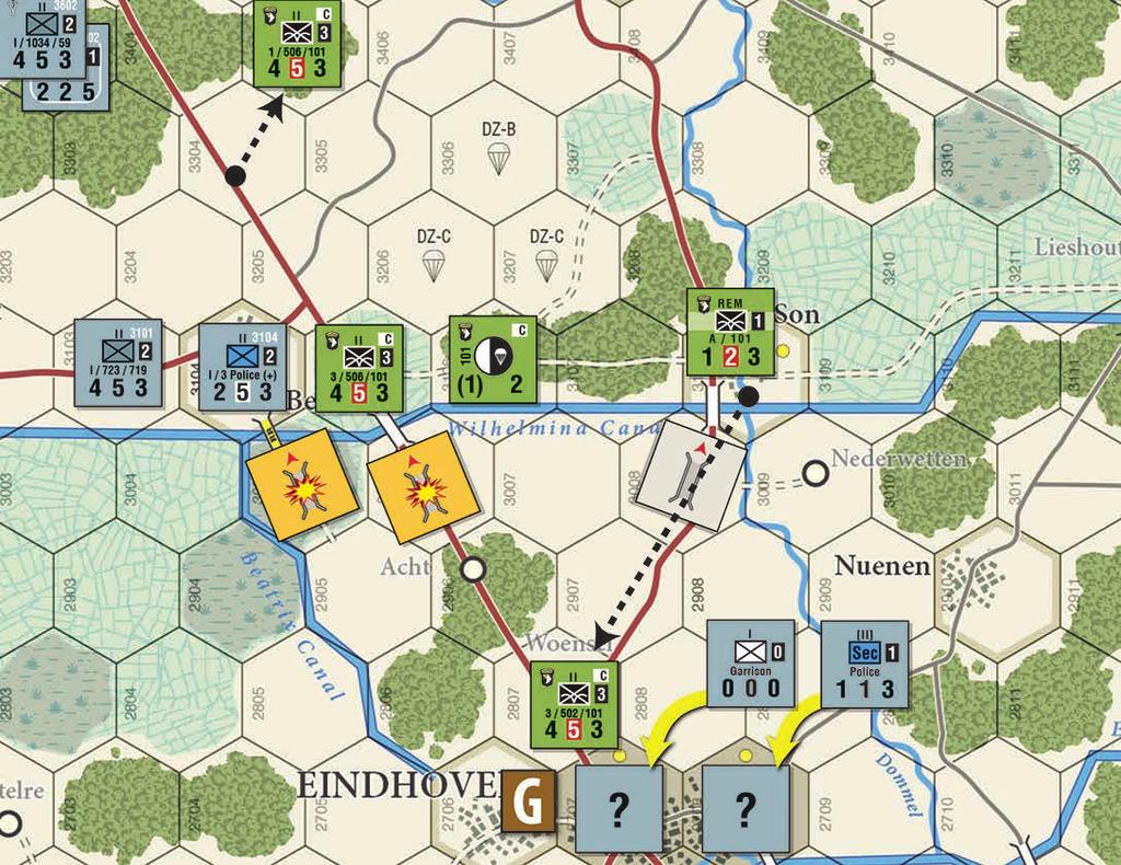 The 1/502 battalion stays behind in Oedenrode to collect a step of Returnees. It goes up one step to full strength and the 101st Replacement marker goes down one.