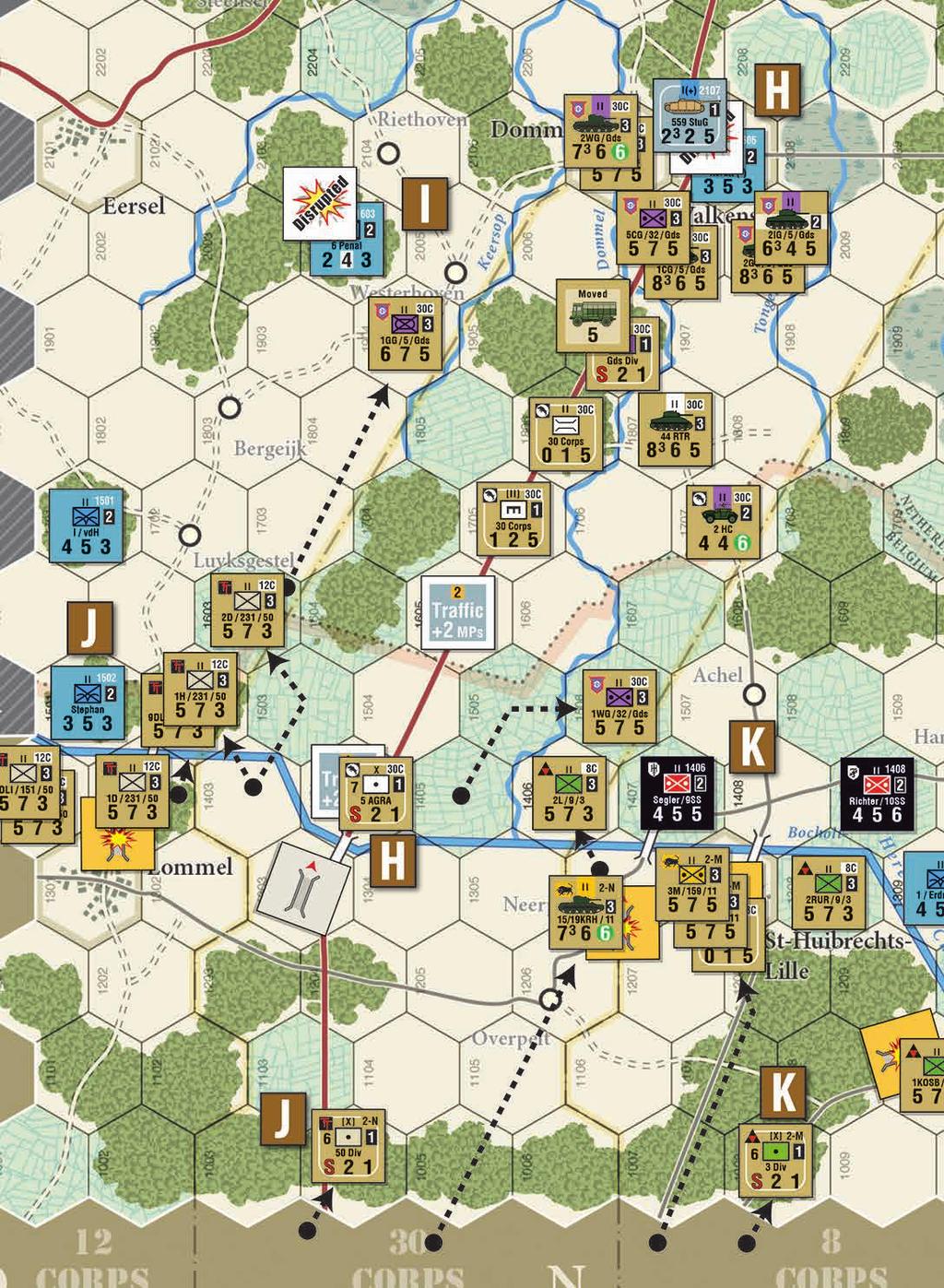 F: The 2/502/101 moves to attack the Unknown unit in Schijndel and does it during the Movement Phase. It turns out to be a 1-2-0 Flak unit, a Vehicle unit which is not doubled in the Town hex.