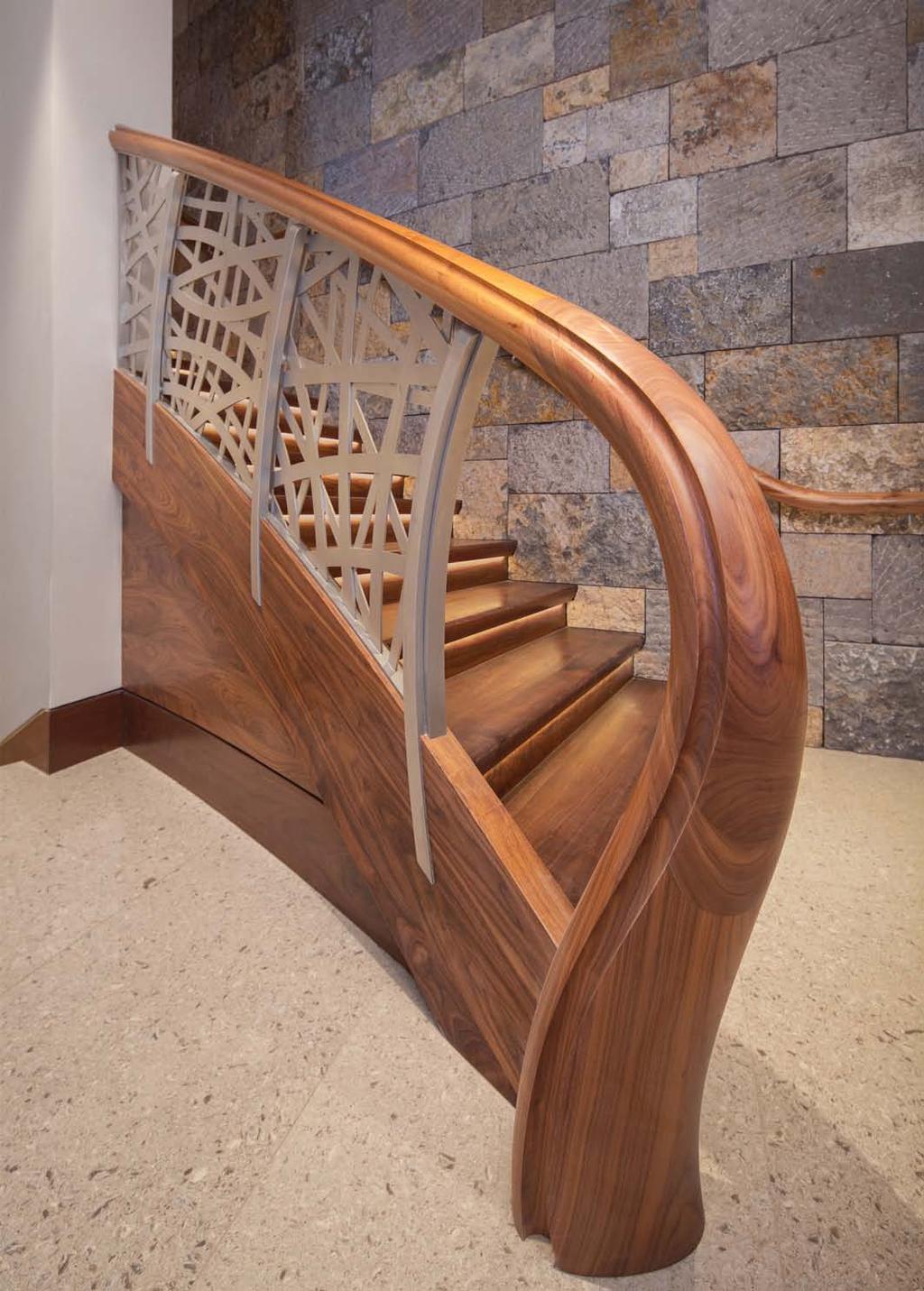 2018 StairCraft Awards Aesthetic value: It feels otherworldly, the hand sculpted handrail and newel post blending together as a continuous piece, with a custom profile, and unique shape.