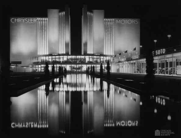 Chrysler Motors Building at night at Chicago s A Century of Progress World s Fair, 1933 34. This image is for classroom reference and research use only.
