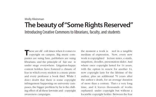 The importance of Copyrightand the freedom of open licensing Screenshot from Get Creative Creative Commons CC BY-NC-SA Kleinman, Molly (2008) The Beauty of Some Rights