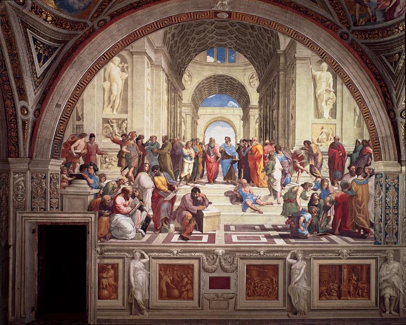 Apostolic Palace in the Vatican. The Stanza della Segnatura was the first of the rooms to be decorated, Artist: Raphael Title: School of Athens Medium: Fresco Size: 19 X 27" (5.79 X 8.