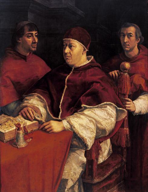 Artist: Raphael Title: Pope Leo X with Cardinals Giulio de Medici and Luigi de Rossi Medium: Oil on wood panel Size: 5'⅝" X 3'10⅞" (1.54 X 1.19 m) Date: c.