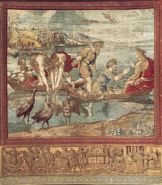 Artist: Shop of Pieter van Aelst, Brussels, after cartoons by Raphael and assistants Title: Miraculous Draft of Fishes Medium: Wool and silk with silver-gilt wrapped threads Size: 16'1" X 21' (4.