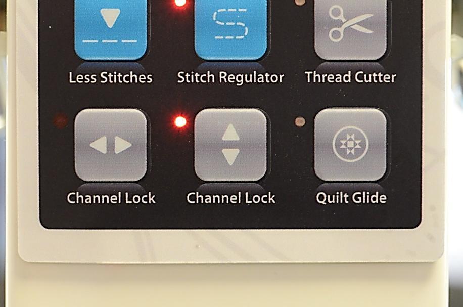 As you tap the Less Stitches button, the stitch length indicator bar on the LCD Screen will drop to reflect the change. Press the Stitch Default button to return to your preset default stitch length.