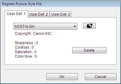 A Picture Style file is an extended function of Picture Style. For more details on Picture Style files, refer to the Canon Web site.