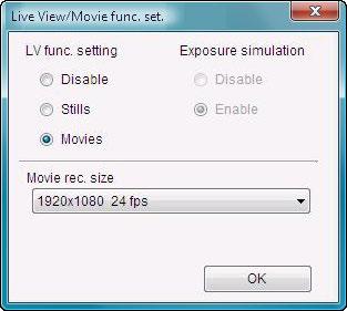 Follow the procedure from step to step for Live View (p.). Click [Live View/Movie func. set.]. The [Live View/Movie func. set.] window appears. Select [Movies] for [LV func.